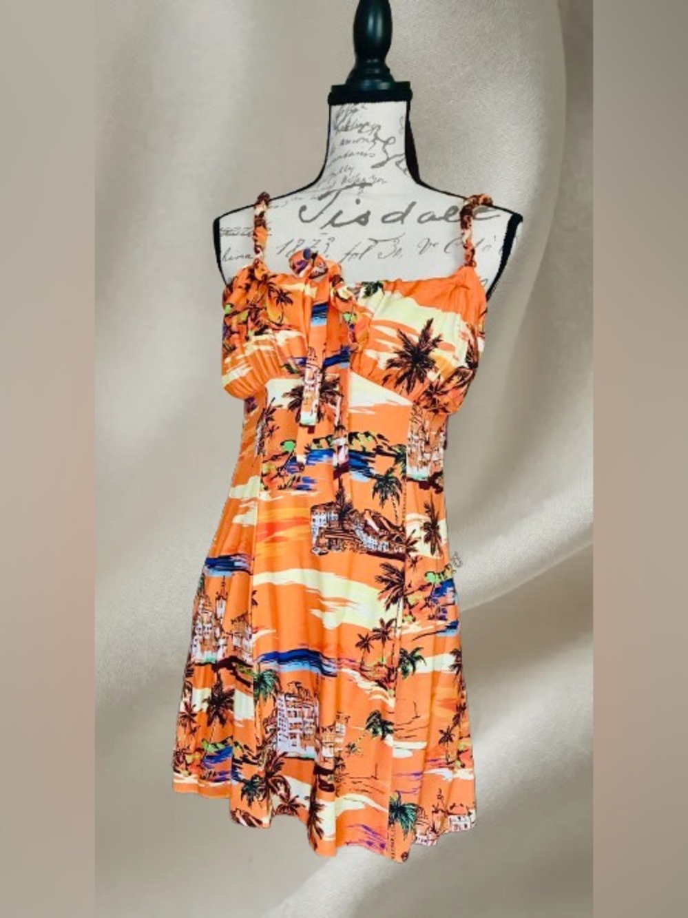 Nasty Gal Tropical Orange Sundress with Palm Print, Size 4
